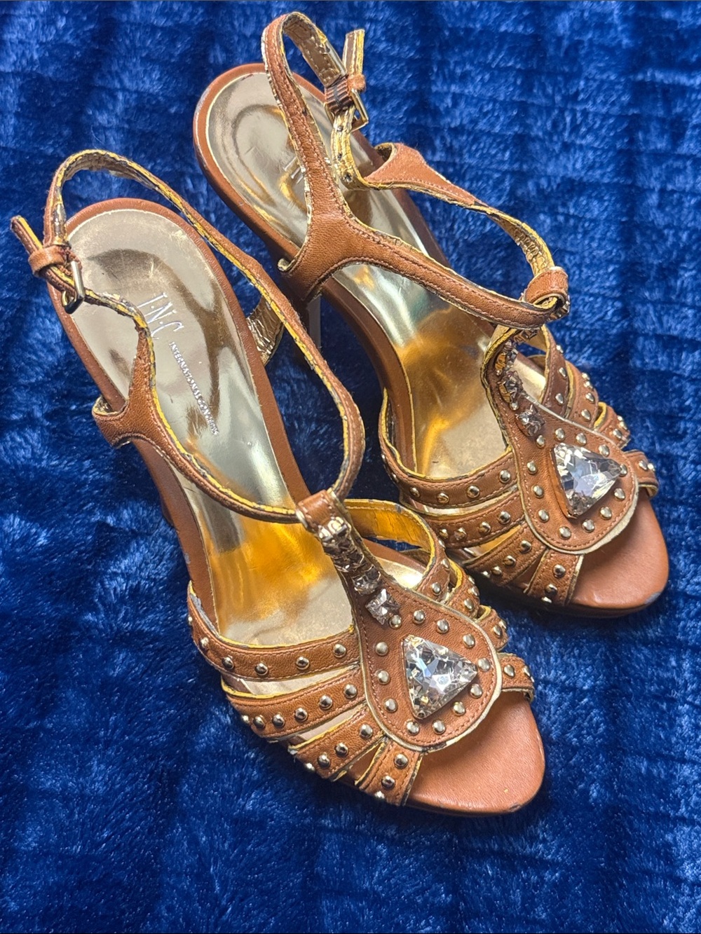 INC International Concepts Brown Crystal-Embellished T-Strap Heels